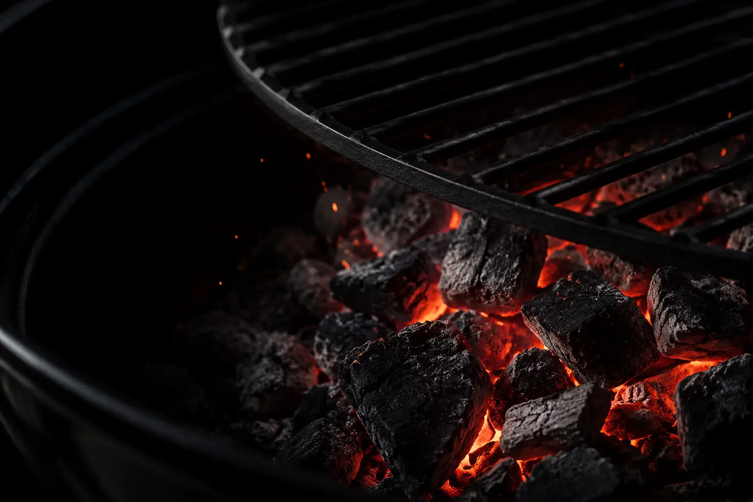 Glowing charcoal embers beneath a barbecue grate