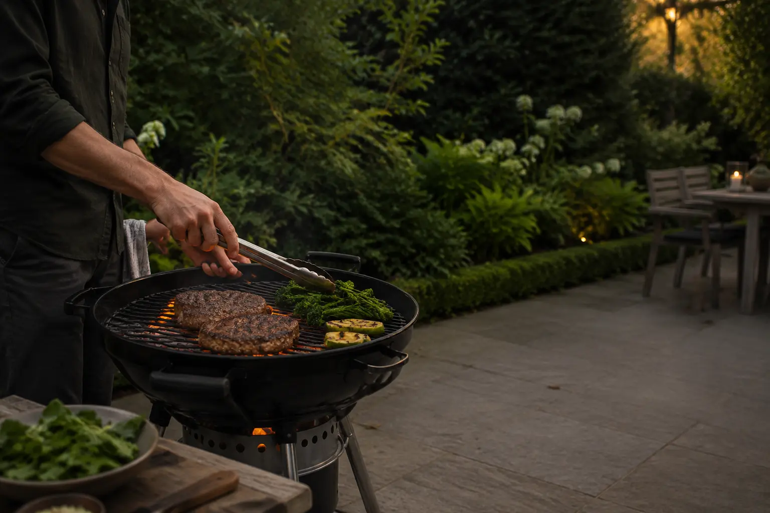 Cooking on a charcoal barbecue in a British garden